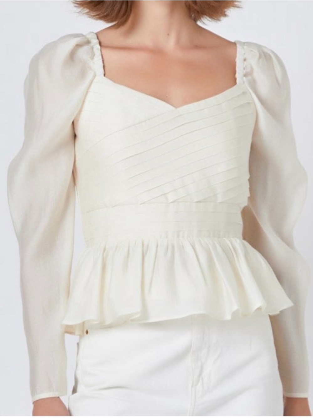 P16" NWT Endless Rose 🌹 Pintuck Ruffle Cream Peplum Long-sleeve Blouse